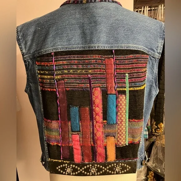Women’s Denim Vest, Large, Handsewn/Upcycled, Multicolored, Distressed - Picture 2 of 9
